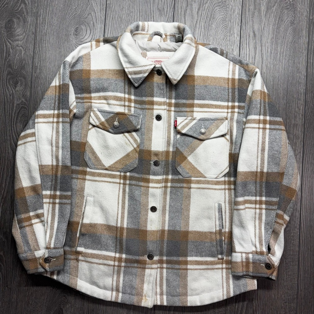 Levis Mens Medium Plaid Flannel Shacket Shirt Jacket Tan Cream Grey